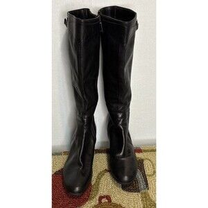 Ladies Black Side Buckle Knee-High Heeled Leather Boots Size 5